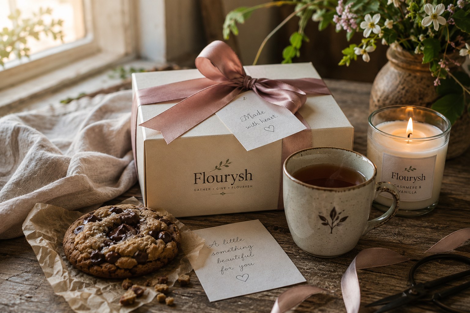 A warm, elegant Flourysh gift presentation used as temporary concept imagery